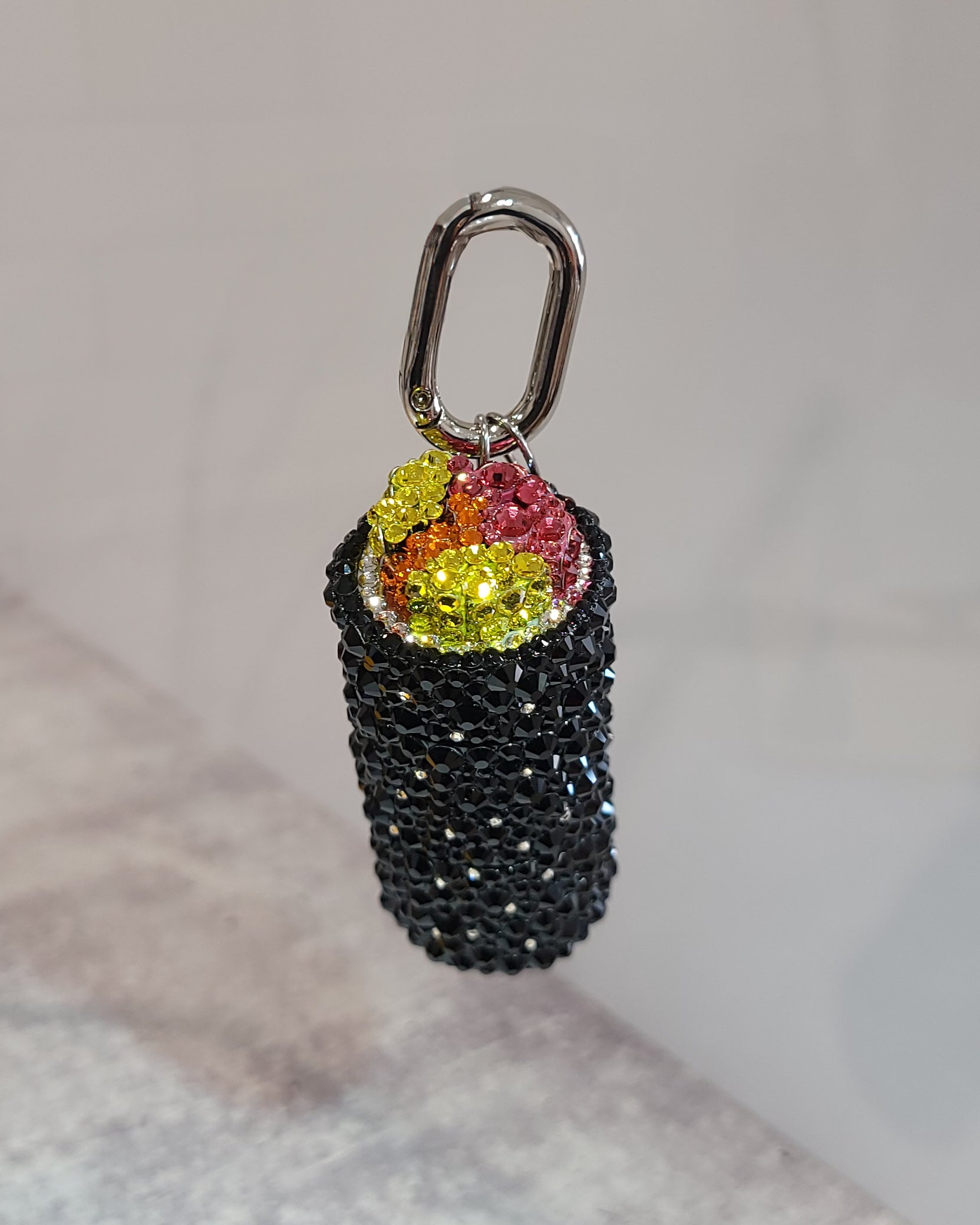 SNACK GIMBAP Keychain with silver hardware, shown from a dangling position.